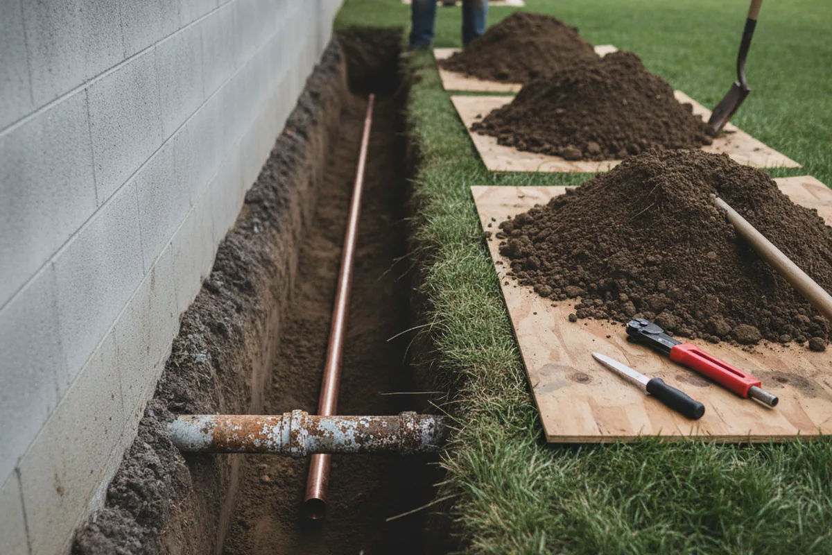 Excavated water line trench during Water Heater Repair in Avalon